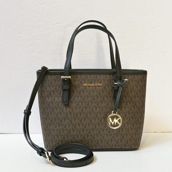 Michael Kors Jet Set Travel XS Carryall Tote Shoulder Bag MK Brown Black